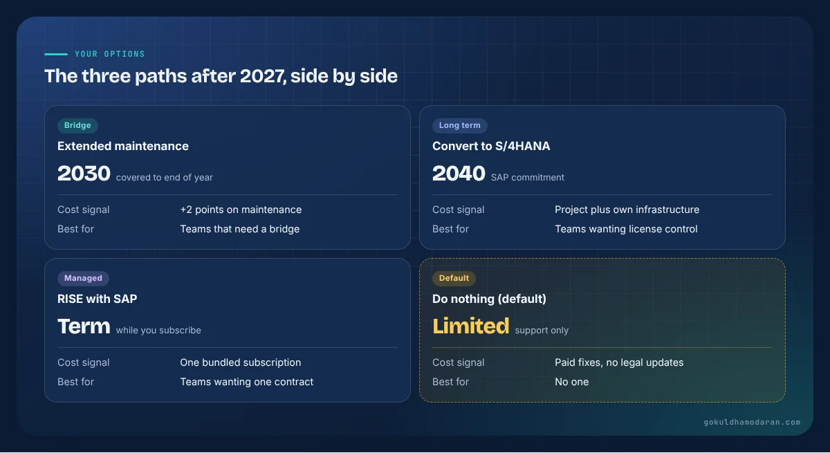 Comparison of SAP ECC options after 2027: extended maintenance to 2030, S/4HANA conversion, RISE with SAP, and the customer-specific maintenance default